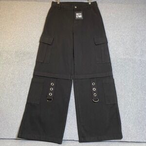 Pretty Damage Cargo Pants Women's Medium Black Wide Leg Grommet Goth Grunge NWT